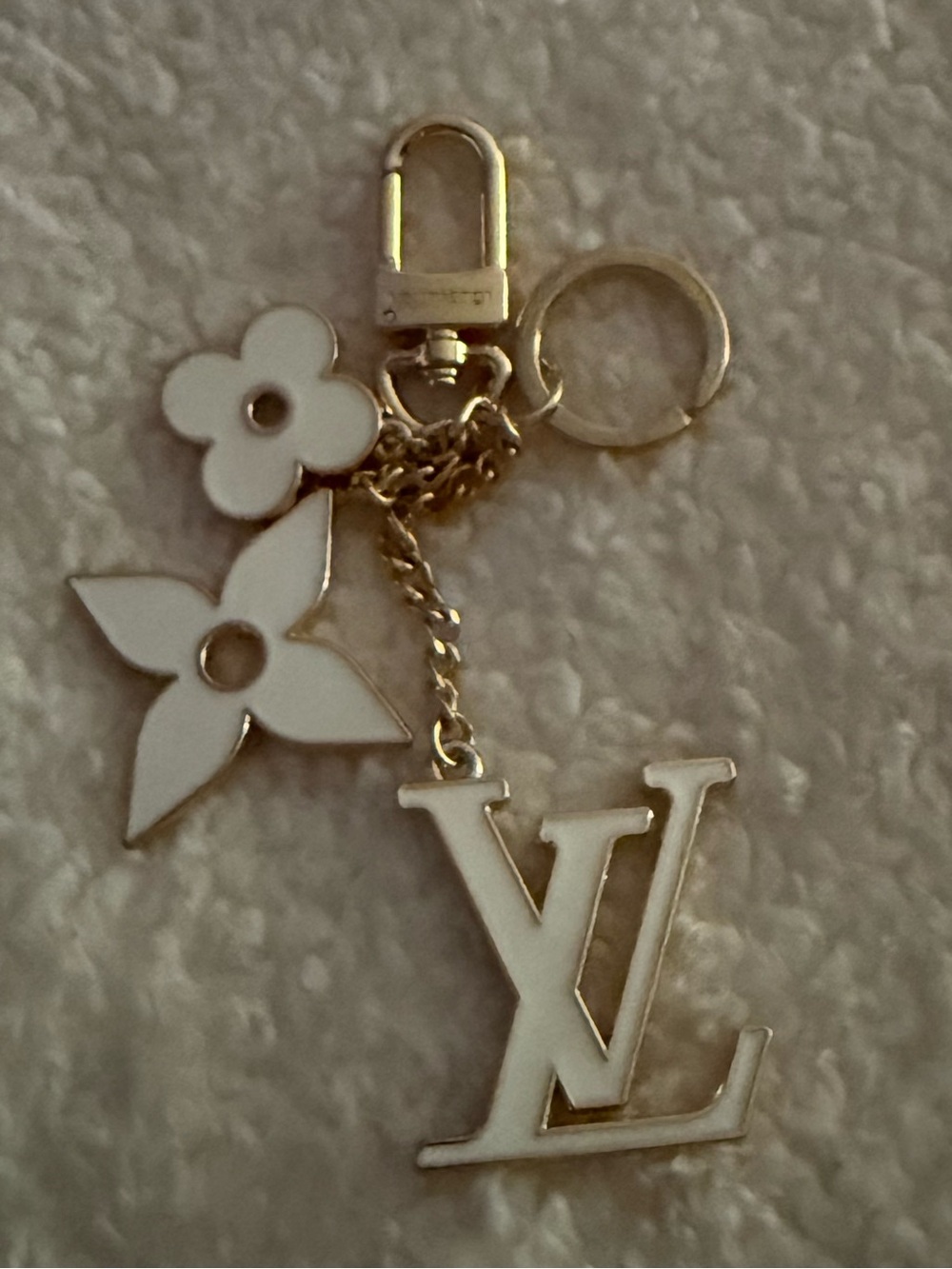 White Enamel Monogram Key & Bag Charm with Gold Hardware